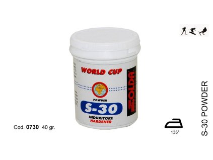 SOLDA S-30  powder  gr 40 (Tvrdidlo - Tento výrobek byl navržen pro velmi nízké teploty a velmi agresivní sníh. Aplikace k hranám, chrání také skluznici. Zažehluje se 135°C. Oškrábejte, když lyže jsou stále teplé a poté vykartáčovat.