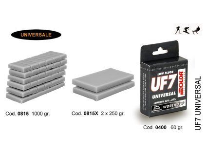 SOLDA UF7 FLUOR UNIVERSAL  ( n.2 X gr 250 ) (středně fluorizovaný vosk ideální pro trénink (balení 2x 250g) pro vlhkost vzduchu%: 40-80 - Teplota sněhu. 0°/-10°C - Teplota vzduchu +4°/-14°C)