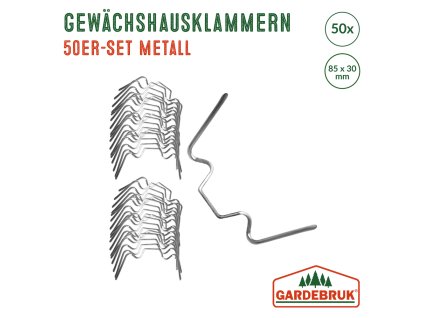 Sada 50 kovových svorek na skleník – 85×30 mm, pro desky do 6 mm