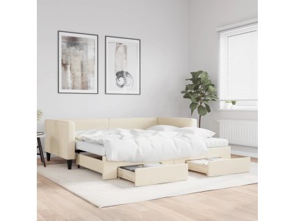 Válenda s přistýlkou a zásuvkami krémová 100 x 200 cm textil 3196641