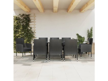 9dílný zahradní jídelní set černý polyratan a ocel 3203343