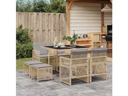 9dílný zahradní jídelní set s poduškami béžový polyratan 3210780