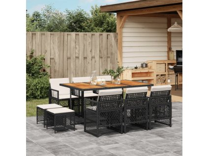 11dílný zahradní jídelní set s poduškami černý polyratan 3210795