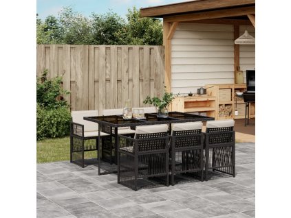 7dílný zahradní jídelní set s poduškami černý polyratan 3210906