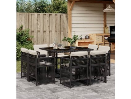 9dílný zahradní jídelní set s poduškami černý polyratan 3211014