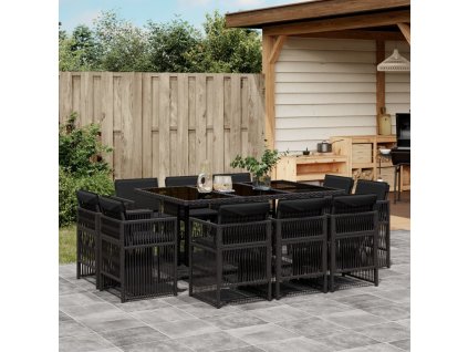 11dílný zahradní jídelní set s poduškami černý polyratan 3211027