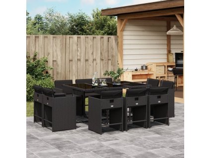 11dílný zahradní jídelní set s poduškami černý polyratan 3211207