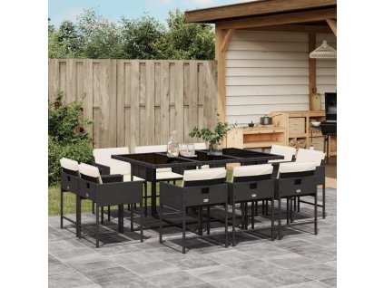 11dílný zahradní jídelní set s poduškami černý polyratan 3211386