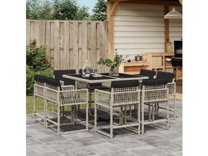 9dílný zahradní jídelní set s poduškami světle šedý polyratan 3211559