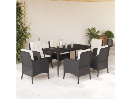 7dílný zahradní jídelní set s poduškami černý polyratan 3211910