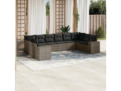 10dílná zahradní sedací souprava s poduškami šedá polyratan 3223069