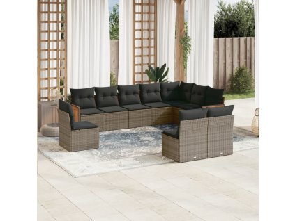 10dílná zahradní sedací souprava s poduškami šedá polyratan 3227754