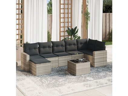 8dílná zahradní sedací souprava a podušky světle šedá polyratan 3251629