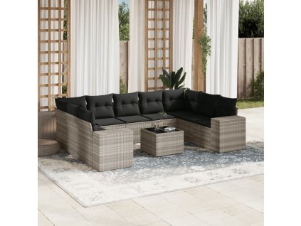 10dílná zahradní sedací souprava podušky světle šedá polyratan 3255349