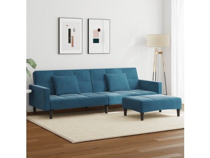2místná rozkládací pohovka s podnožkou modrá samet 3258115
