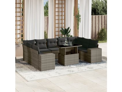 10dílná zahradní sedací souprava s poduškami šedá polyratan 3269370