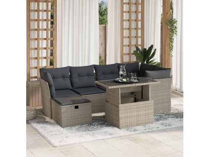 7dílná zahradní sedací souprava a podušky světle šedá polyratan 3274662