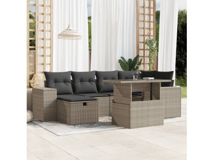 7dílná zahradní sedací souprava a podušky světle šedá polyratan 3275302