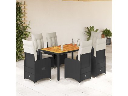 7dílný zahradní bistro set s poduškami černý polyratan 3276980