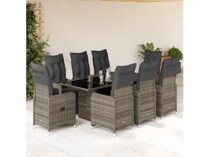 9dílný zahradní bistro set s poduškami šedý polyratan 3277172