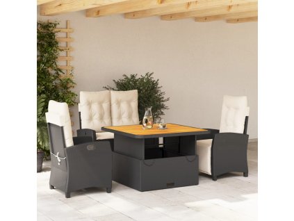 4dílný zahradní jídelní set s poduškami černý polyratan 3277381