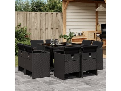 9dílný zahradní jídelní set s poduškami černý polyratan 3277782