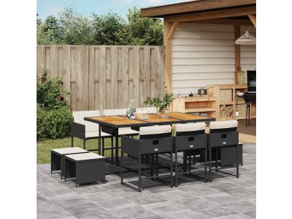 11dílný zahradní jídelní set s poduškami černý polyratan 3278102