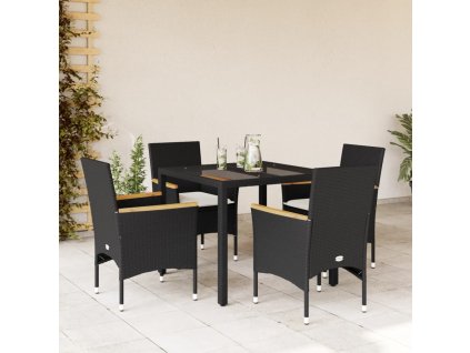 5dílný zahradní jídelní set s poduškami černý polyratan a sklo 3278646