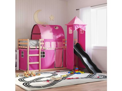 Patrová postel se skluzavkou a závěsy růžová 90 x 200 cm 3284163