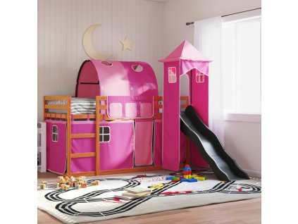 Patrová postel se skluzavkou a závěsy růžová 90 x 200 cm 3284169