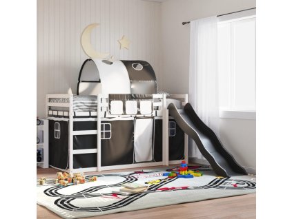 Patrová postel se skluzavkou a závěsy bílá a černá 90 x 200 cm 3284137