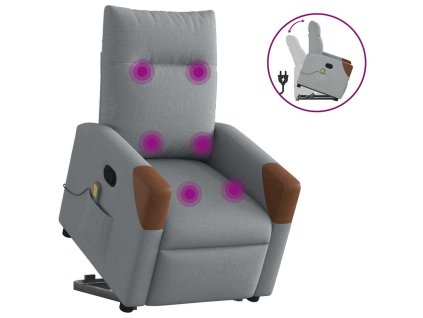 Zvedací masážní polohovací křeslo světle šedé textil 3324014
