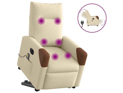 Elektrické zvedací masážní polohovací křeslo krémové textil 3324034