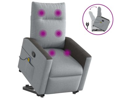 Zvedací masážní polohovací křeslo světle šedé textil 3324059