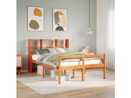 Postel s knihovnou bez matrace hnědá 140 x 190 cm masivní dřevo 3322030