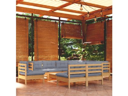 10dílná zahradní sedací souprava šedé podušky masivní borovice 3096748