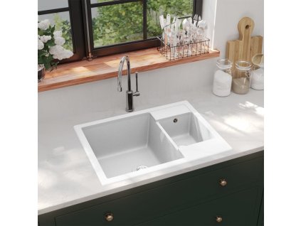 Kuchyňský dřez s přepadem otvorem dvojitý bílý žula 147088