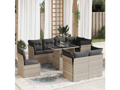 9dílná zahradní sedací souprava a podušky světle šedá polyratan 3326183