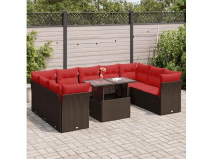 10dílná zahradní sestava a s poduškami hnědá polyratan akácie 3326225