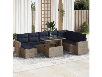 9dílná zahradní sestava s poduškami šedá polyratan akácie 3326372