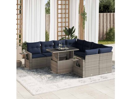 9dílná zahradní sestava s poduškami šedá polyratan akácie 3326452