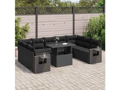 10dílná zahradní sedací souprava s poduškami černá polyratan 3326536