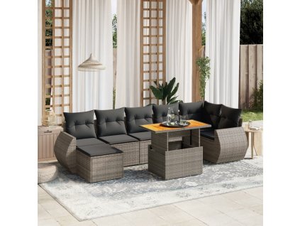 8dílná zahradní sedací souprava s poduškami šedá polyratan 3275825