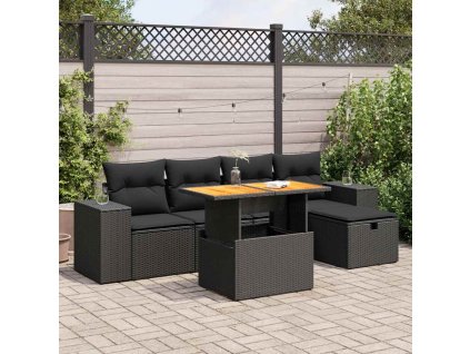 6dílná zahradní sestava s poduškami černá polyratan akácie 3328077