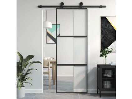 Posuvné dveře černé 76 x 205 cm tvrzené sklo a hliník 155201
