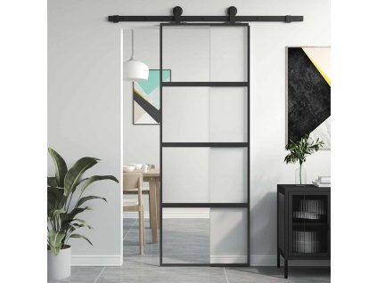 Posuvné dveře černé 76 x 205 cm tvrzené sklo a hliník 155219