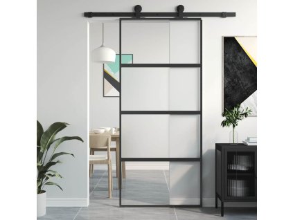 Posuvné dveře černé 90 x 205 cm tvrzené sklo a hliník 155220