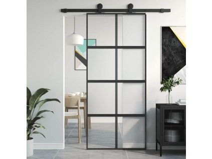 Posuvné dveře černé 90 x 205 cm tvrzené sklo a hliník 155223