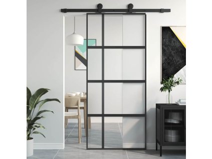 Posuvné dveře černé 90 x 205 cm tvrzené sklo a hliník 155229