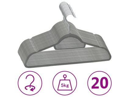 20 ks šatních ramínek protiskluzové šedé samet 289917